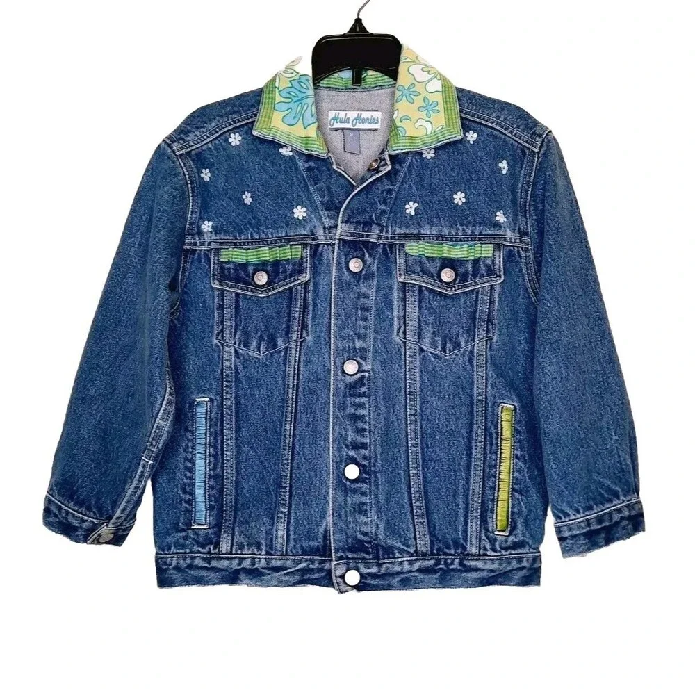 Girls Jean Jacket Spring Flowers Sequins Beads Ribbons Denim Size 7/8 M EUC